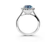 Starburst Halo Engagement Ring Setting for Fancy Blue Round Cut Center with Thin Round-Wire Band and Prong Head in White Gold