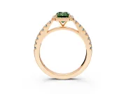 Halo Engagement Ring Setting for Fancy Green Emerald Cut Center with Full Pave Band and Prong Head in Rose Gold
