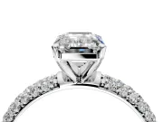 Solitaire Engagement Ring Setting for Emerald Cut Center with Domed Multi-Row Pave Band and Prong Head in Platinum