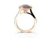 Halo Engagement Ring Setting for Fancy Blue Princess Cut Center with Milgrain Frame, Pave Band and Prong Head in Rose Gold