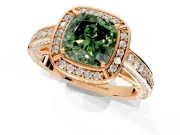 Halo Engagement Ring Setting for Fancy Green Cushion Cut Center with Framed Halo, Pave Band and Prong Head in Rose Gold