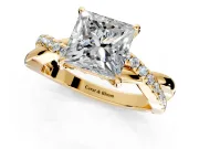 Crossover Engagement Ring Setting for Princess Cut Center with Pave and Plain Strands and Prong Head in Yellow Gold