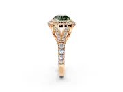 Double Halo Engagement Ring Setting for Fancy Green Round Cut Center with Narrow Pave Split Shank and Prong Head in Rose Gold