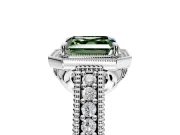 Milgrain Halo Engagement Ring Setting for Fancy Green Asscher Cut Center with Pave Band and Prong Head in Sterling Silver