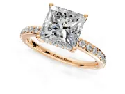 Solitaire Engagement Ring Setting for Princess Cut Center with Fine Pave Band and Prong Head in Rose Gold