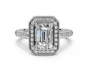 Milgrain Halo Engagement Ring Setting for Emerald Cut Center with Three-Sided Pave Band and Prong Head in Sterling Silver