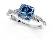 Solitaire Engagement Ring Setting for Fancy Blue Cushion Cut Center with Twisted Pave Band and Prong Head in Platinum