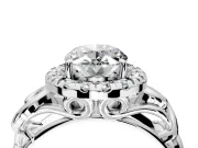 Halo Engagement Ring Setting for Oval Center with Open Scroll Shoulders and Prong Head in Platinum