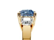 3 Stone Engagement Ring Setting for Fancy Blue Cushion Cut Center with Matching Side Accents and Prong Head in Yellow Gold