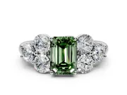 Cluster Engagement Ring Setting for Fancy Green Emerald Cut Center with Round Cut Accent Frame and Prong Head in White Gold
