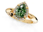 Halo Engagement Ring Setting for Fancy Green Pear-Shaped Center with Tapered Plain Band and Prong Head in Yellow Gold
