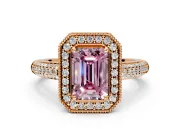 Milgrain Halo Engagement Ring Setting for Fancy Pink Emerald Cut Center with Three-Sided Pave Band and Prong Head in Rose Gold