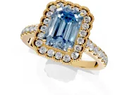 Milgrain Floral Halo Engagement Ring Setting for Fancy Blue Emerald Cut Center with Pave Band and Prong Head in Yellow Gold