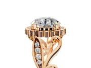 Halo Engagement Ring Setting for Round Cut Center with Leaf Motif Split Shank and Prong Head in Rose Gold