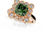 Cluster Halo Engagement Ring Setting for Fancy Green Cushion Cut Center with Milgrain Bezel Accents and Prong Head in Rose Gold