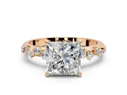 Cluster Engagement Ring Setting for Princess Cut Center with Round Cut Accent Band and Prong Head in Rose Gold