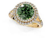 Double Halo Engagement Ring Setting for Fancy Green Round Cut Center with Narrow Pave Split Shank and Prong Head in Yellow Gold
