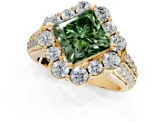 Large Accent Halo Engagement Ring Setting for Fancy Green Princess Cut Center with Pave Split Shank and Prong Head in Yellow Gold