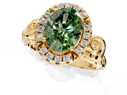 Halo Engagement Ring Setting for Fancy Green Oval Center with Open Scroll Shoulders and Prong Head in Yellow Gold