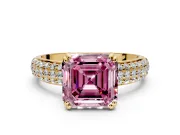 Solitaire Engagement Ring Setting for Fancy Pink Asscher Cut Center with Multi-Row Pave Accents and Basket Head in Yellow Gold