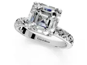 Solitaire Engagement Ring Setting for Asscher Cut Center with Milgrain X Pattern Band and Prong Head in Platinum