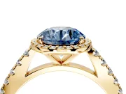 Halo Engagement Ring Setting for Fancy Blue Round Cut Center with Full Pave Band and Prong Head in Yellow Gold