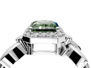 Halo Engagement Ring Setting for Fancy Green Radiant Cut Center with Floral Band and Prong Head in Sterling Silver