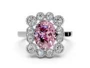 Cluster Halo Engagement Ring Setting for Fancy Pink Oval Center with Milgrain Bezel Accents and Prong Head in White Gold