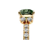 Paired Accent Engagement Ring Setting for Fancy Green Cushion Cut Center with Pave Band and Prong Head in Yellow Gold