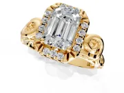 Halo Engagement Ring Setting for Emerald Cut Center with Open Scroll Shoulders and Prong Head in Yellow Gold