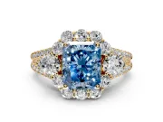 Halo Engagement Ring Setting for Fancy Blue Radiant Cut Center with Two-Strand Split Shank and Prong Head in Yellow Gold