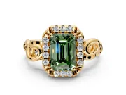 Halo Engagement Ring Setting for Fancy Green Emerald Cut Center with Open Scroll Shoulders and Prong Head in Yellow Gold