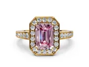 Bezel-Framed Halo Engagement Ring Setting for Fancy Pink Emerald Cut Center with Pave Band and Prong Head in Yellow Gold