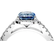 Halo Engagement Ring Setting for Fancy Blue Radiant Cut Center with Full Pave Band and Prong Head in White Gold