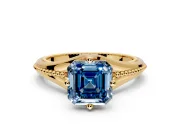 Solitaire Engagement Ring Setting for Fancy Blue Asscher Cut Center with Milgrain Cathedral Band and Prong Head in Yellow Gold