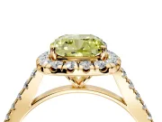 Halo Engagement Ring Setting for Fancy Yellow Cushion Cut Center with Narrowing Pave Band and Prong Head in Yellow Gold
