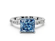 Baguette Engagement Ring Setting for Fancy Blue Princess Cut Center with Alternating Bar-Set Band and Prong Head in Platinum