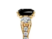 3 Stone Engagement Ring Setting for Fancy Black Asscher Cut Center with Crossover Basket, Pave Band and Prong Head in Yellow Gold