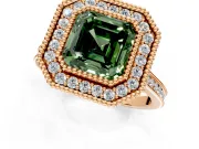 Halo Engagement Ring Setting for Fancy Green Asscher Cut Center with Milgrain Frame, Pave Band and Prong Head in Rose Gold