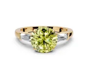3 Stone Engagement Ring Setting for Fancy Yellow Round Cut Center with Baguette Accents and Prong Head in Yellow Gold
