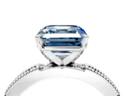 Solitaire Engagement Ring Setting for Fancy Blue Asscher Cut Center with Milgrain-Edged Pave Band and Prong Head in Sterling Silver