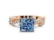 Solitaire Engagement Ring Setting for Fancy Blue Princess Cut Center with Bar-Station Pave Twist and Prong Head in Rose Gold