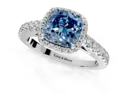 Halo Engagement Ring Setting for Fancy Blue Cushion Cut Center with Full Pave Band and Prong Head in White Gold