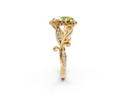 Halo Engagement Ring Setting for Fancy Yellow Oval Center with Leaf Motif Split Shank and Prong Head in Yellow Gold