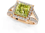 Halo Engagement Ring Setting for Fancy Yellow Princess Cut Center with Narrow Pave Split Shank and Prong Head in Rose Gold