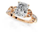 Leaf Motif Engagement Ring Setting for Radiant Cut Center with Pave Band and Prong Head in Rose Gold