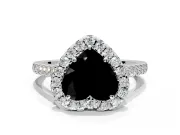 Halo Engagement Ring Setting for Fancy Black Heart-Shaped Center with Narrowing Pave Band and Prong Head in White Gold