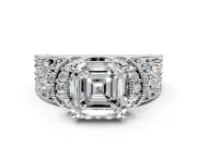 Pave Engagement Ring Setting for Asscher Cut Center with Curved Accent Rows, Openwork and Prong Head in Platinum