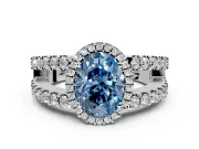 Halo Engagement Ring Setting for Fancy Blue Oval Center with Wide-Open Pave Split Shank and Prong Head in Platinum