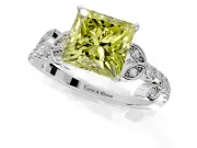 Leaf Motif Engagement Ring Setting for Fancy Yellow Princess Cut Center with Pave Band and Prong Head in Platinum